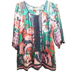 Anthropologie Odille Silk Blouse Women's Size 4 3/4 Sleeve Floral Peplum Lace